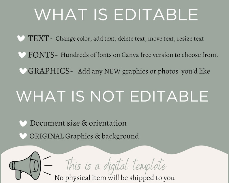 Pu&ograve; includere: Uno sfondo verde con testo bianco che dice "WHAT IS EDITABLE" e elenca le funzionalit&agrave; modificabili come testo, font e grafica. Il testo "WHAT IS NOT EDITABLE" &egrave; anche elencato con le funzionalit&agrave; non modificabili, come le dimensioni del documento e la grafica originale. Un'icona di megafono con il testo "This is a digital template. No physical item will be shipped to you." si trova nella parte inferiore dell'immagine.