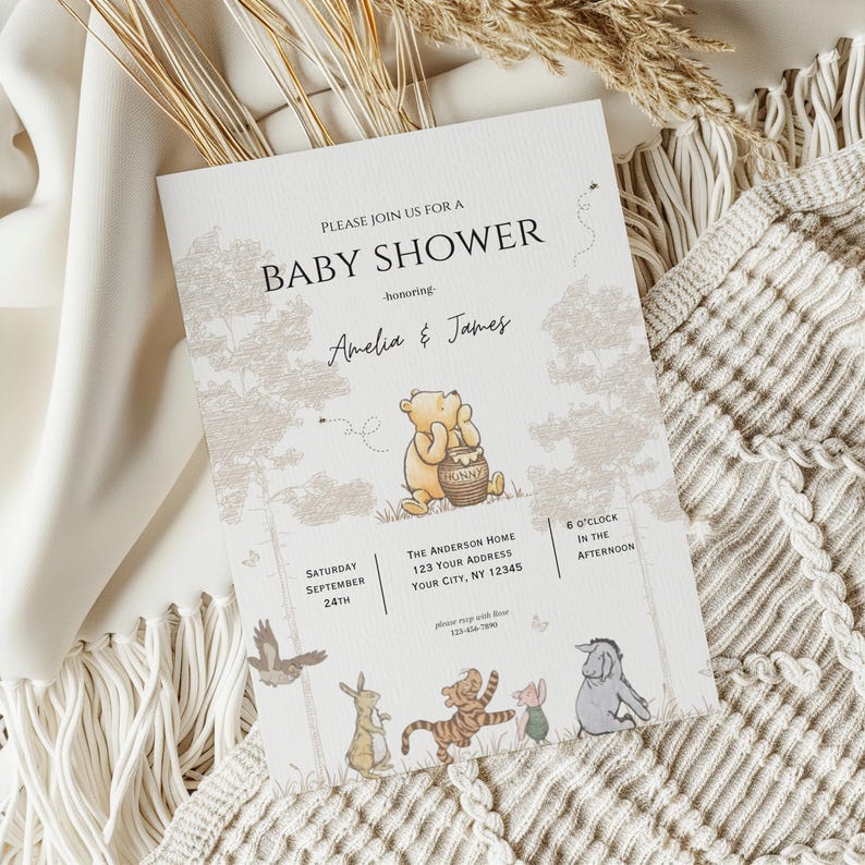Editable retro Winnie The Pooh Invitation,Gender Neutral Baby Shower invite,Winnie Pooh Baby Shower invitation, boho baby shower invite image 3
