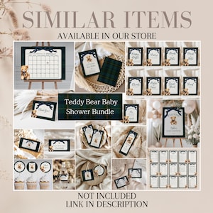 May include: A selection of teddy bear baby shower decorations, including signs, cards, and cupcake toppers. The colour scheme features navy blue, green plaid, and a beige background. Text on the image reads "SIMILAR ITEMS AVAILABLE IN OUR STORE" and "Teddy Bear Baby Shower Bundle."