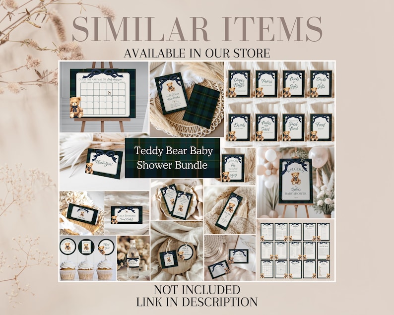 May include: A selection of teddy bear baby shower decorations, including signs, cards, and cupcake toppers. The colour scheme features navy blue, green plaid, and a beige background. Text on the image reads "SIMILAR ITEMS AVAILABLE IN OUR STORE" and "Teddy Bear Baby Shower Bundle."