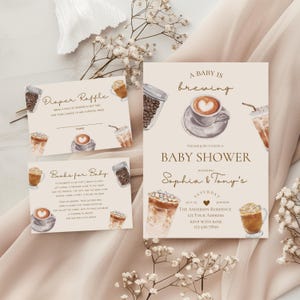 Conjunto de invitaciones para baby shower con tema de &quot;Un bebé está gestando&quot;, invitación para baby shower con temática de café, invitación para baby shower de género neutro, plantilla EDITABLE, Canva