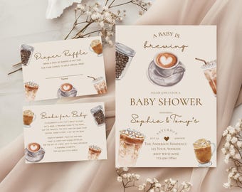 May include: A baby shower invitation with a coffee theme. The invitation is beige with brown text and illustrations of coffee cups, coffee beans, and iced coffee. The text reads "A Baby is Brewing" and "Please join us for a Baby Shower honoring Sophia & Tony's".