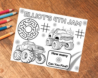 Monster Truck customizable coloring page,monster truck themed coloring page,birthday party kids activity,coloring page,printable template