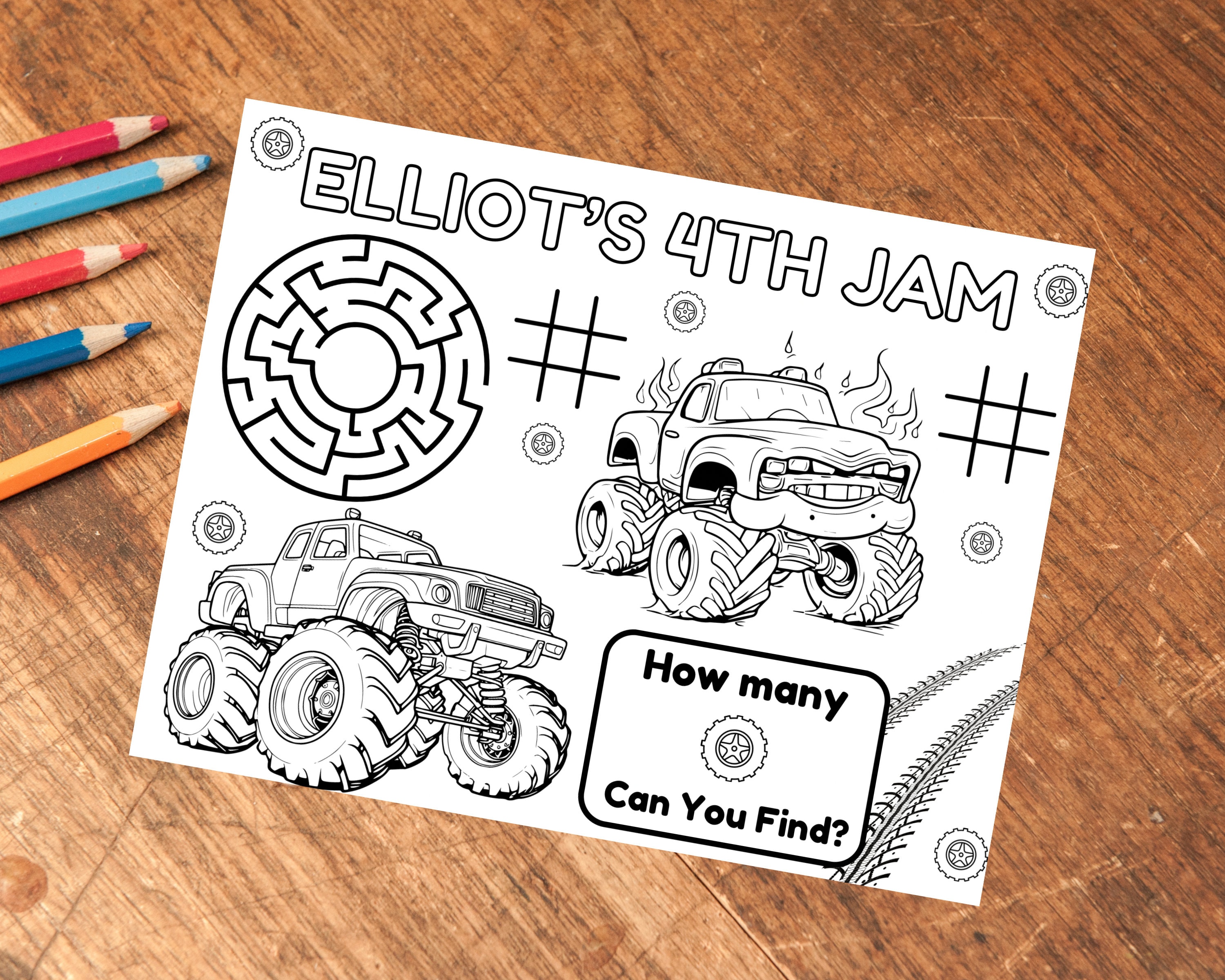 Monster Truck customizable coloring page,monster truck themed coloring page,birthday party kids activity,coloring page,printable template