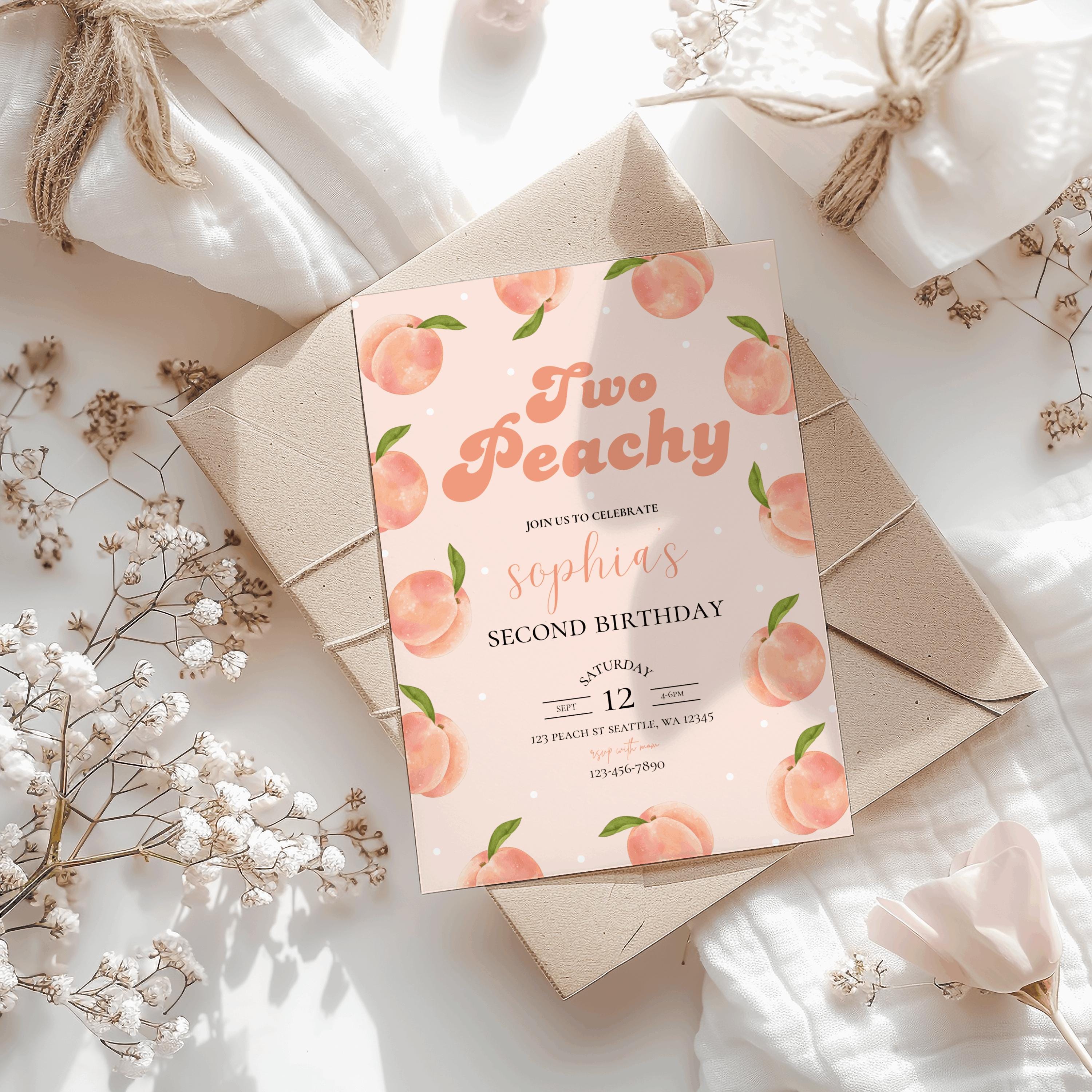 TWO peachy birthday party invitation,peach themed birthday invitation,girl second birthday invite, peaches invite,EDITABLE template,Canva