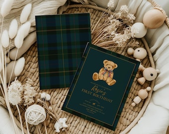 Polo Teddy bear birthday invitation,Gender Neutral Classic Plaid,Tartan Equestrian,Lauren themed birthday invite,Editable template,Canva