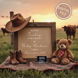 Un piccolo cowboy è in arrivo annuncio di gravidanza, post sui social media per bambini, post per bambini gender neutral, notizie sui bambini a tema western, MODIFICABILE, Canva