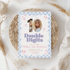 May include: A birthday invitation with a blue and white checkered border and the words "Double Digits." The number 10 is displayed with two photos of a young girl. The invitation includes details for Millie's 10th birthday celebration.