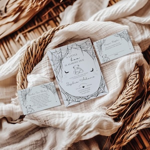 Een klein boe-geroep is bijna klaar uitnodigingsset babyshower, Halloween-uitnodiging babyshower, spookachtige babyshower-uitnodiging, BEWERKBARE sjabloon, canvas