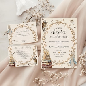 Binnenkort begint er een nieuw hoofdstuk babyshoweruitnodiging, nieuw hoofdstuk babyshoweruitnodiging, babyshowerset met boekenthema, BEWERKBARE sjabloon, canvas