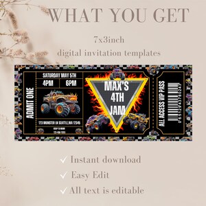 May include: A black and yellow monster truck party invitation template with a ticket design. The template features a monster truck graphic, the text "Max's 4th Jam", and a barcode. The template is 7 inches by 3 inches.