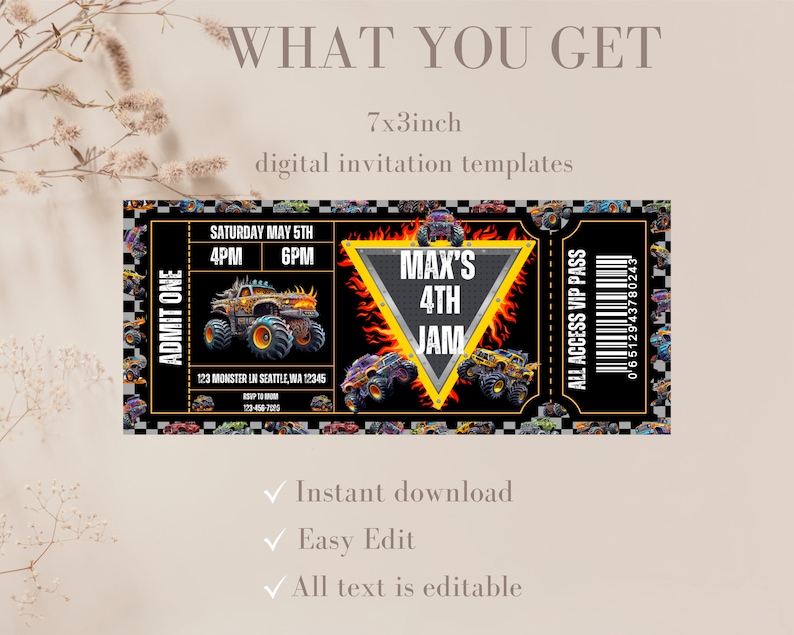 May include: A black and yellow monster truck party invitation template with a ticket design. The template features a monster truck graphic, the text "Max's 4th Jam", and a barcode. The template is 7 inches by 3 inches.
