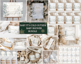 May include: A Baby It's Cold Outside baby shower bundle featuring printed signage, game cards, favor tags, and labels. The collection displays a winter forest theme with snowy trees, gold text, and snowflake accents on white paper stock.