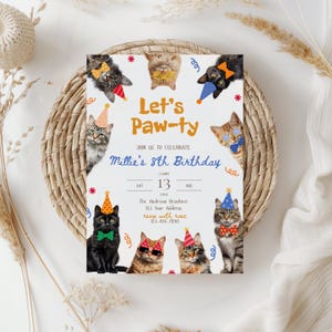 May include: A party invitation with the text "Let's Paw-ty" and "Millie's 8th Birthday." The invitation features illustrations of cats wearing party hats, bow ties, and sunglasses. The invitation is on a white background.