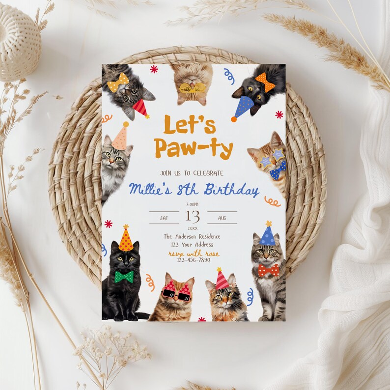 May include: A party invitation with the text "Let's Paw-ty" and "Millie's 8th Birthday." The invitation features illustrations of cats wearing party hats, bow ties, and sunglasses. The invitation is on a white background.