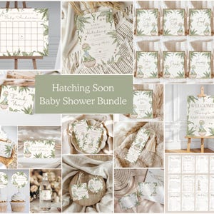 May include: A selection of baby shower decorations with a dinosaur theme. Includes a welcome sign, invitation, thank you cards, cupcake toppers, and other stationery. The colour scheme is soft green and beige.