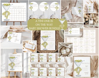 May include: A green and white baby shower printable bundle with a martini glass design. The bundle includes a welcome sign, thank you cards, invitations, and more.
