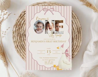 ONE silly goose first birthday party invitation,silly goose birthday invite,goose themed,Girl 1st birthday invite,EDITABLE template,Canva