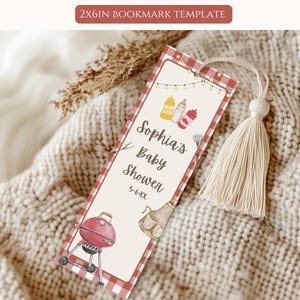 May include: A 2x6 inch bookmark template with a red and white checkered border. The bookmark features illustrations of barbecue items, condiments, and the text "Sophia's Baby Shower" with a date. A cream-colored tassel hangs from the top.
