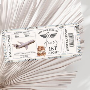 May include: A blue and white airplane ticket invitation with the text "Boarding Pass" and "First Class VIP". The ticket has a white airplane, luggage, and the text "Jame's 1st Flight" on it. The ticket is for Saturday, May 5th, with an arrival time of 4 PM and a departure time of 6 PM.