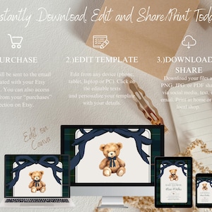 May include: A digital baby shower invitation template shown on a laptop, desktop monitor, tablet, and smartphone. The design features a teddy bear illustration with a navy blue bow, set against a plaid background. Text includes instructions for purchase, editing, and sharing.