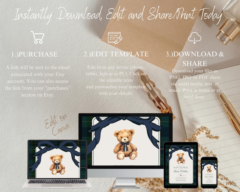 May include: A digital baby shower invitation template shown on a laptop, desktop monitor, tablet, and smartphone. The design features a teddy bear illustration with a navy blue bow, set against a plaid background. Text includes instructions for purchase, editing, and sharing.