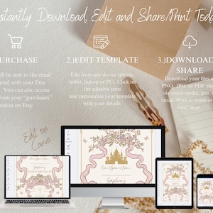 K&ouml;nnte beinhalten: Eine digitale Einladungsvorlage, die auf einem Laptop, Desktop, Tablet und Telefon angezeigt wird. Das Design zeigt ein Schloss, B&auml;nder und florale Elemente in Rosa und Gold. Der Text enth&auml;lt "Instantly Download, Edit and Share/Print Today."