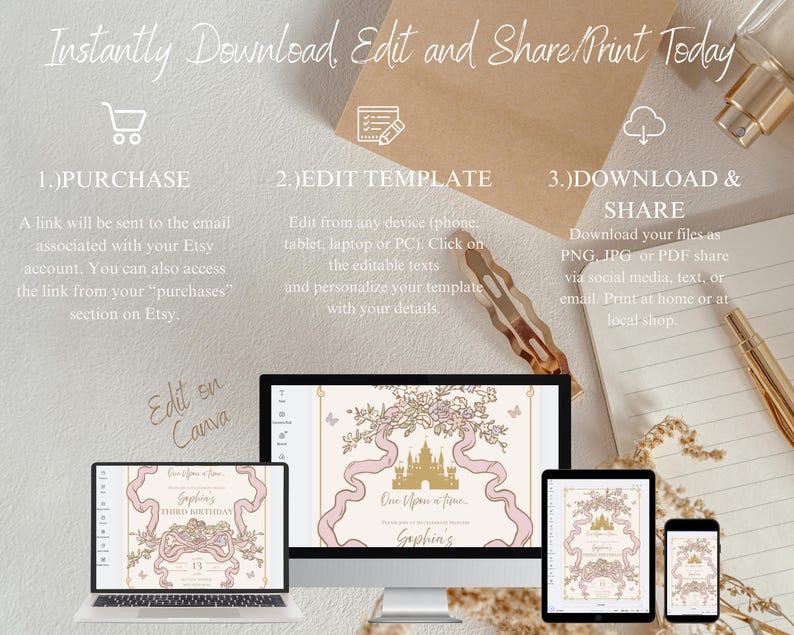K&ouml;nnte beinhalten: Eine digitale Einladungsvorlage, die auf einem Laptop, Desktop, Tablet und Telefon angezeigt wird. Das Design zeigt ein Schloss, B&auml;nder und florale Elemente in Rosa und Gold. Der Text enth&auml;lt "Instantly Download, Edit and Share/Print Today."