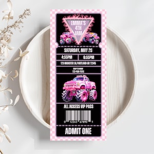 EDITIERBARE Monster Truck Ticket Geburtstagseinladung, Trucks Geburtstagseinladungsvorlage, Pink Monster Jam Geburtstagskarte, bearbeitbare Vorlage