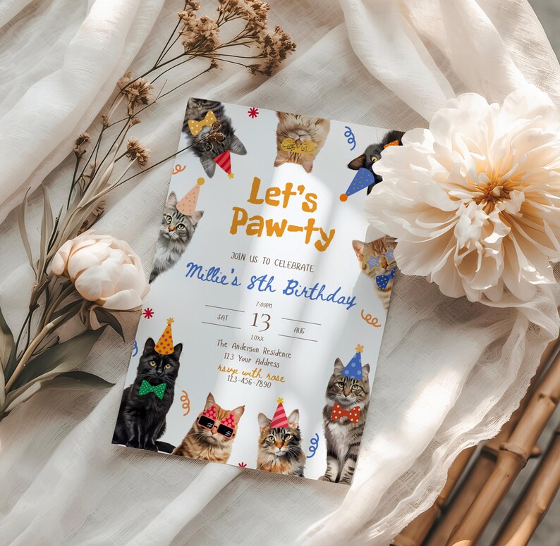 May include: A birthday party invitation with the text "Let's Paw-ty" and "Millie's 8th Birthday". The invitation features illustrations of cats wearing party hats, bow ties, and sunglasses. The date and address are also included.