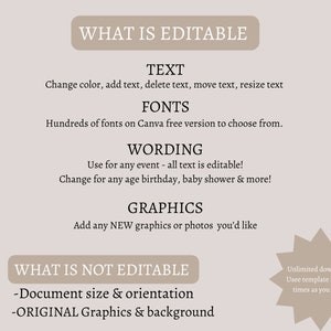 以下が含まれることがあります： 「What is Editable」と「What is Not Editable」というテキストを含むグラフィック。テキストには、テキスト、フォント、文章、グラフィックなど、デジタルテンプレートの編集可能な機能がリストされています。テキストには、ドキュメントのサイズと向き、オリジナルのグラフィックと背景など、編集できない機能もリストされています。グラフィックには、「Unlimited downloads! Use template as many times as you want!」というテキストも含まれています。