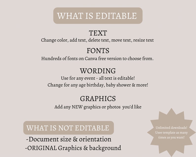 以下が含まれることがあります： 「What is Editable」と「What is Not Editable」というテキストを含むグラフィック。テキストには、テキスト、フォント、文章、グラフィックなど、デジタルテンプレートの編集可能な機能がリストされています。テキストには、ドキュメントのサイズと向き、オリジナルのグラフィックと背景など、編集できない機能もリストされています。グラフィックには、「Unlimited downloads! Use template as many times as you want!」というテキストも含まれています。