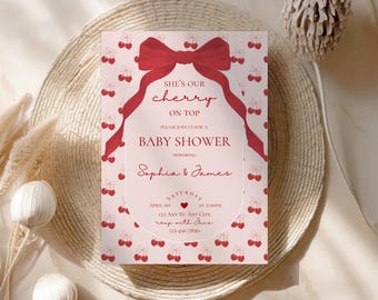 She’s the cherry on top baby shower invitation,cherry on top invite,editable template,girl baby shower,neutral,editable template,canva