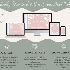 May include: A digital illustration showing how to edit and download a printable welcome sign template for a baby shower. The sign is pink with white floral accents and the text "Welcome to our baby shower".