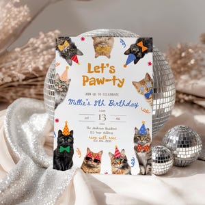 May include: A party invitation with the text "Let's Paw-ty" and "Millie's 8th Birthday." The invitation features illustrations of cats wearing party hats and bow ties. The background includes a disco ball and decorative elements.