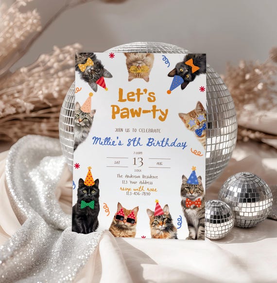 Let’s Paw-Ty birthday party invitation,cat themed invite,blue cat birthday invite,customizable printable editable template,Canva