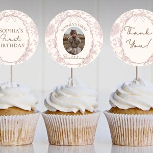 Girls First Birthday Cupcake Toppers: Pink Floral, Editable Template