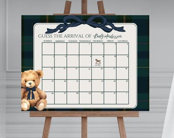 Polo Teddy Bear Baby Shower Due Date Sign: Plaid Equestrian Theme (Editable Canva Template)