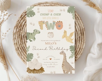 Dinosaur Birthday Invitation,Dino theme second birthday,Stomp Chomp Chew 2nd Birthday,Editable Dino Birthday Template,Printable Dino Invite