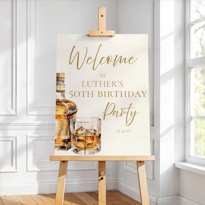 Aged to perfection birthday party welcome sign,man birthday party decor,whiskey glass sign,liquor birthday sign,EDITABLE template,Canva