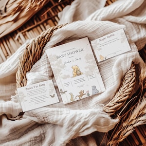 Suite di inviti modificabili retrò a tema Winnie The Pooh, invito per baby shower unisex, invito per baby shower a tema Winnie The Pooh, baby shower boho