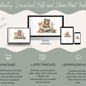 May include: A digital design displayed on a laptop, desktop, tablet, and phone. The design features a bear, fox, and rabbit reading a book. Text includes "Instantly Download, Edit and Share/Print Today" and instructions for purchase, editing, and sharing.