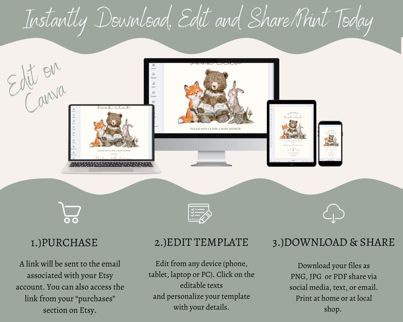 May include: A digital design displayed on a laptop, desktop, tablet, and phone. The design features a bear, fox, and rabbit reading a book. Text includes "Instantly Download, Edit and Share/Print Today" and instructions for purchase, editing, and sharing.