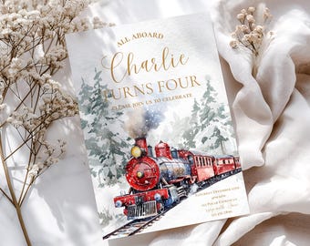 May include: A red and black train engine with white snow on the roof and steam coming from the chimney. The train is traveling through a snowy forest with green trees. The text on the invitation reads "All Aboard Charlie Turns Four Please Join Us To Celebrate Saturday December 12th 4:00-6:00pm 123 Polar Express Ln. Sayreville, NJ 123-456-7890".