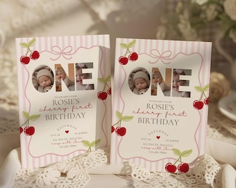 My cherry first birthday party invitation,cherry themed 1st birthday invite,coquette birthday,girl birthday invite,EDITABLE template,canva