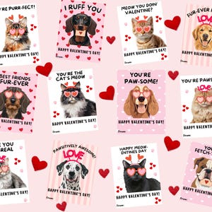 May include: A collection of Valentine's Day cards featuring various cats and dogs wearing heart-shaped glasses. Each card has a punny message like "You're Purr-fect!" and "Happy Valentine's Day!" The cards are on a pink background with red hearts.