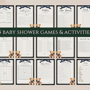 May include: A set of 15 baby shower games and activities. Each card features a dark green border, a navy blue bow, and a teddy bear. Games include prediction, wishes, and word scramble, perfect for a baby shower.