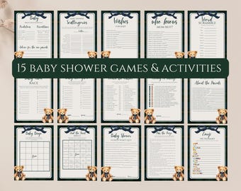 Polo Teddy-Babyparty-Spiele und Aktivitäten, Gender Neutral Classic Plaid, Tartan-Reiten, Lauren Teddybär, editierbare Vorlage, Canva