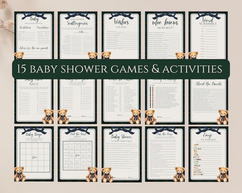 May include: A set of 15 baby shower games and activities. Each card features a dark green border, a navy blue bow, and a teddy bear. Games include prediction, wishes, and word scramble, perfect for a baby shower.