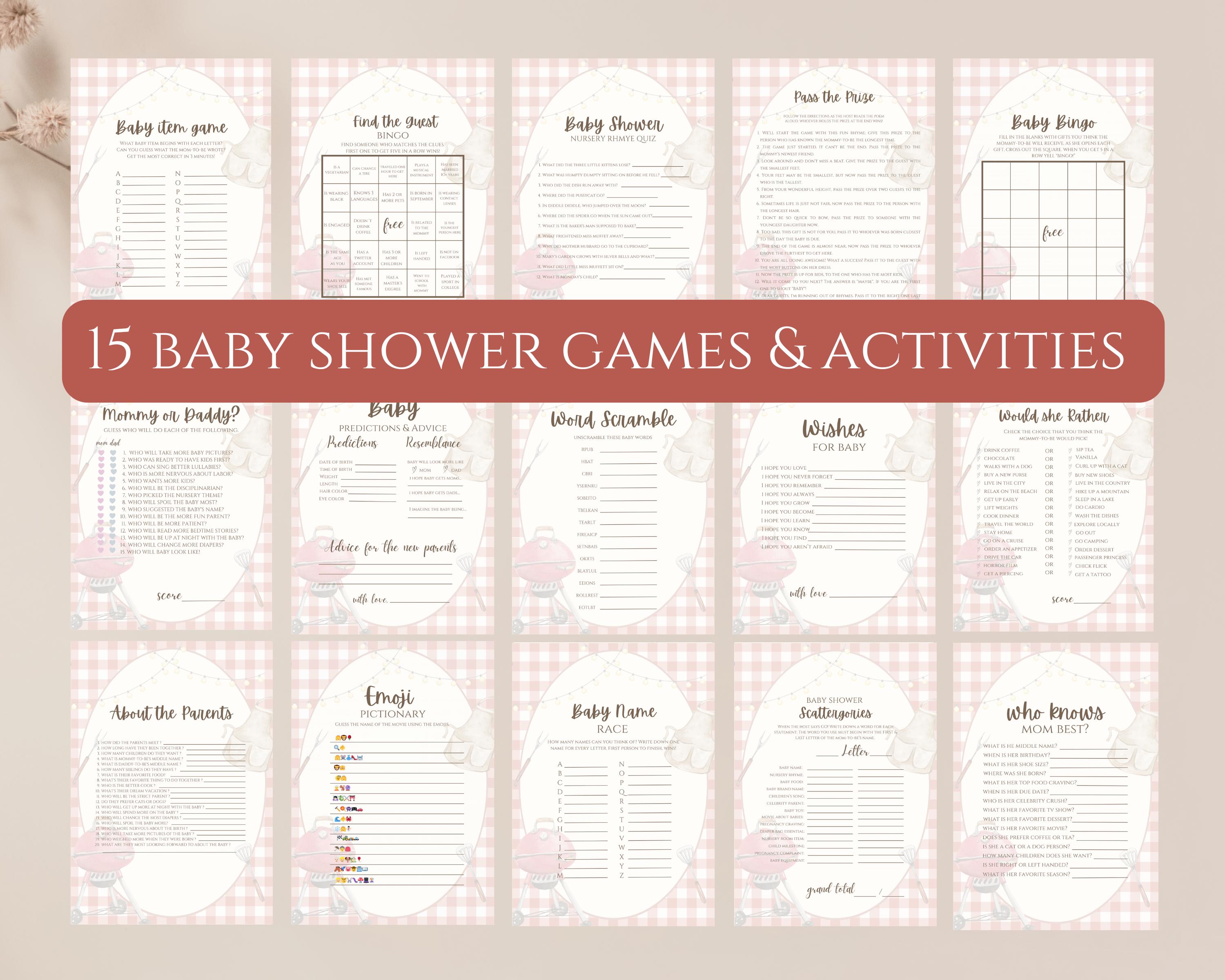 Baby-Q babyshowergames, barbecue babyshoweractiviteiten, afdrukbare babyshowergames met barbecuethema, genderneutraal, BEWERKBARE sjabloon, canvas